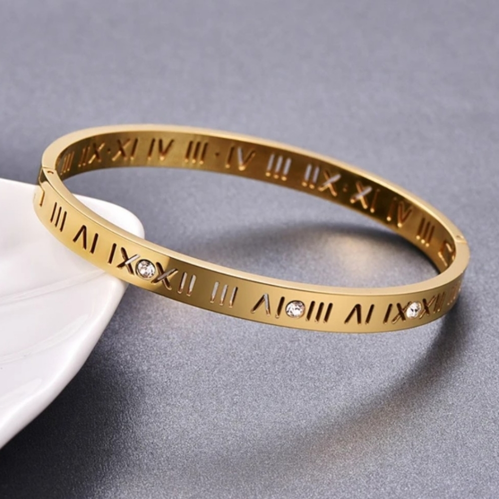 Gold Plated Roman Numeral Cuff Bracelet